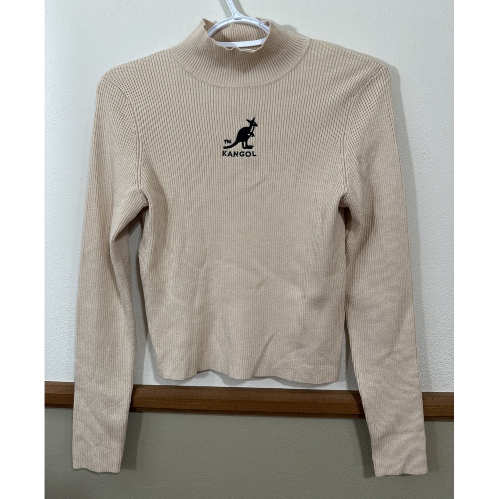 Kangol H&M Women's Top Sweater Ribbed Embroidered Mock Neck Beige L